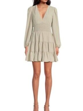 Gianni Bini . Talia V NeckSmocked Waist Tiered HemDress Pale Moss Green Small
